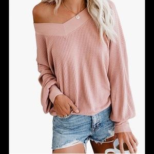 Adreamly Women's V Neck Long Sleeve Waffle Knit Top Off Shoulder Oversized Large